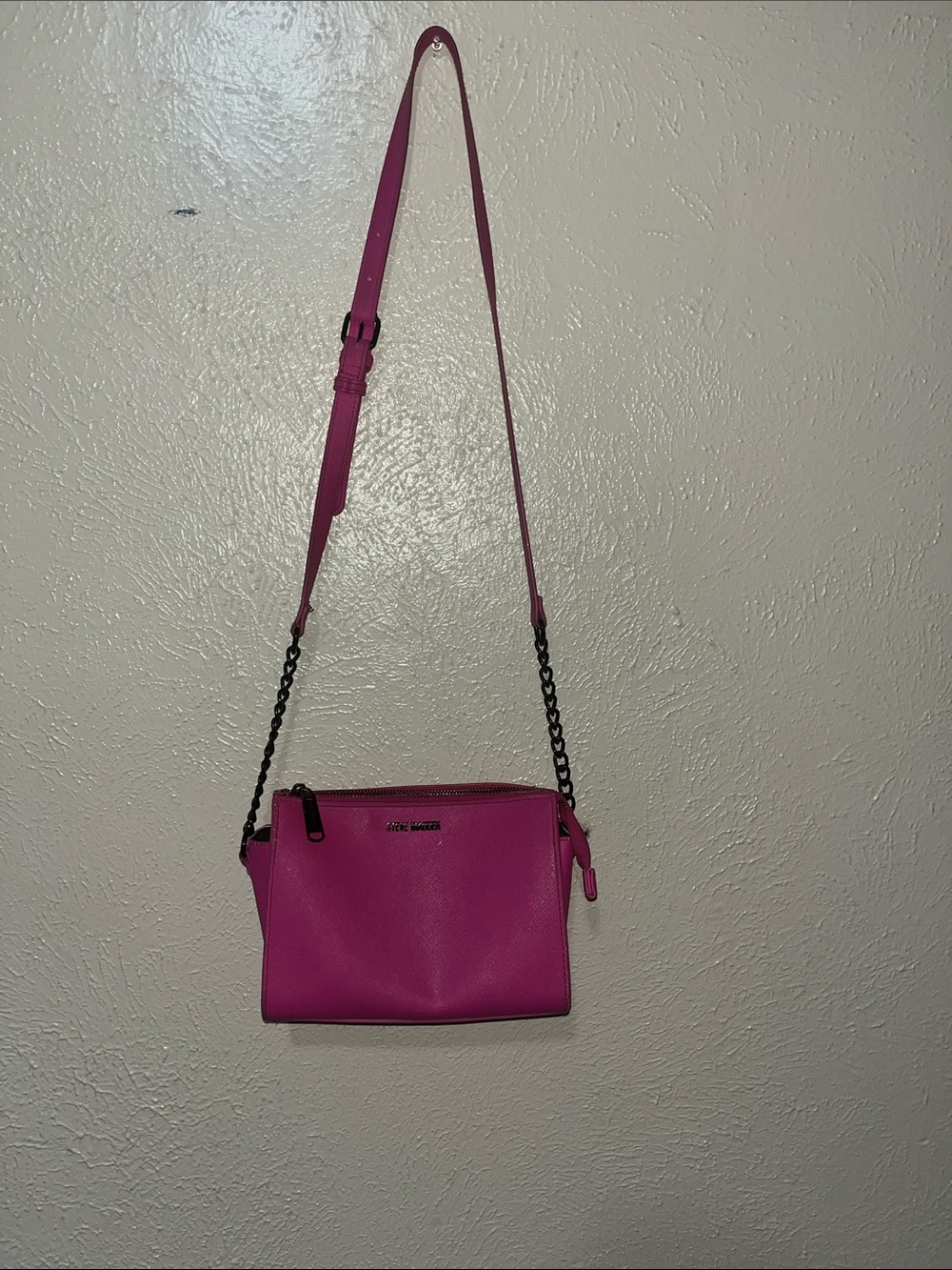 Steve Manning Hot Pink Leather Crossbody Bag with Chain Strap